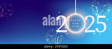 Neujahrsfeuerwerk und goldene Zahlen 2025, blauer Hintergrund. Silvester Feiern. Banner oder Grußkarte für frohes neues Jahr, Vektor-Illustration Stock Vektor