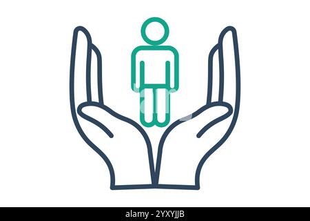Symbol für humanitäre Hilfe. Liniensymbolstil. Hand mit Menschen. Symbol für Spenden und Wohltätigkeitsorganisationen. Vektorillustration für Spendenelemente Stock Vektor