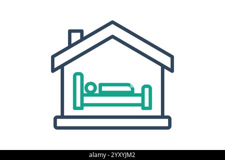 Symbol „Unterkunft“. Liniensymbolstil. Haus mit Bett. Symbol für Spenden und Wohltätigkeitsorganisationen. Vektorillustration für Spendenelemente Stock Vektor