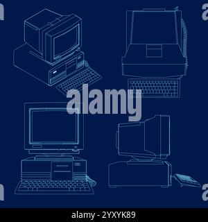 Vektordarstellung eines Retro-PCs mit eingestellter Kontur Stock Vektor