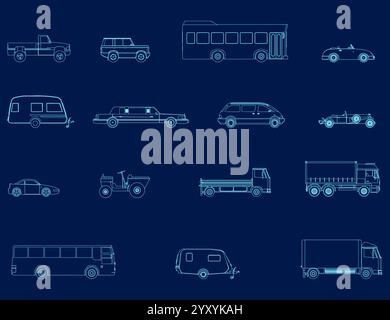 Set mit Konturen verschiedener Autos von blauen Linien isoliert auf dunklem Hintergrund. Seitenansicht. Lkw, Bus, Anhänger, Limousine, Limousine, Abholung. Vektoril Stock Vektor