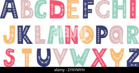 Handgezeichnetes Dekoratives mehrfarbiges englisches Alphabet mit Folk-Muster. Vektorabbildung. Isolierte Buchstaben mit Schriftzug perfekt für kreative und kreative Zwecke Stock Vektor
