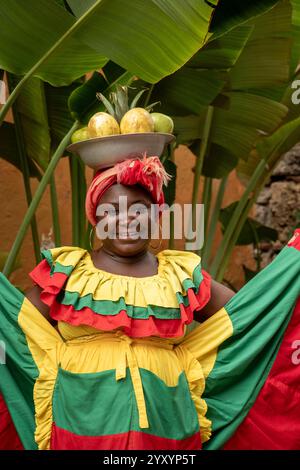 Eine Palenquera-Frau in Einem traditionellen Kleid mit Einem Obstkorb auf dem Kopf posiert vor üppigen grünen Palmen. Stockfoto