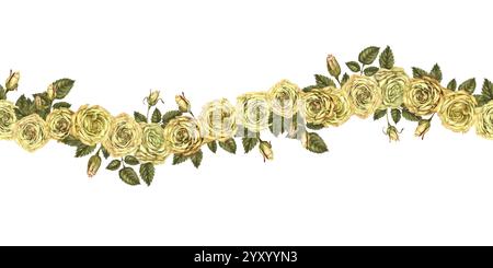 Nahtloser Rand oder Visitenkarte von gelben Rosenblüten mit grünen Blättern isoliert auf weißem Hintergrund. Aquarellvorlage für botanische Illustrationen für Stockfoto