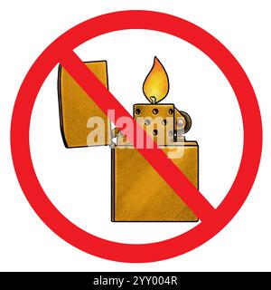 Feuer ist verboten. Handgefertigte Zeichnung eines Bronzefeuers. Feuerzeug mit Feuer. Stockfoto