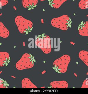 Nahtloses Erdbeermuster. Doodle Vektor mit roten Erdbeeren Ikonen. Vintage-Erdbeermuster Stock Vektor