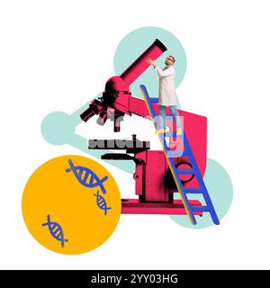 Mann im Laborkittel, Wissenschaftler, der auf blauer Leiter steht, während er mit einem übergroßen roten Mikroskop interagiert, begleitet von DNA-Ikonen. Zeitgenössische Kunstcollage Stockfoto