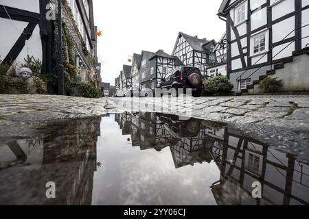 Auch in diesem Jahr sieht es es im Siegerland nicht nach Weißen weißen Weihnachten aus. Tristesse in der Altstadt von Freudenberg, ein beliebtes Touristenziel, Reiseziel in Südwestfalen Südwestfalen. Die Fachwerkhäuser spiegeln sich in einer Pfuetze Pfütze. Herbst im Siegerland am 18.12.2024 in Freudenberg/Deutschland. *** Auch in diesem Jahr sieht es nicht wie eine Weiße Weihnachten in der Siegerland Tristesse in der Altstadt von Freudenberg aus, einem beliebten Touristenziel in Südwestfalen Südwestfalen die Fachwerkhäuser spiegeln sich in einem Pud wider Stockfoto