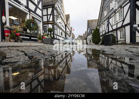 Auch in diesem Jahr sieht es es im Siegerland nicht nach Weißen weißen Weihnachten aus. Tristesse in der Altstadt von Freudenberg, ein beliebtes Touristenziel, Reiseziel in Südwestfalen Südwestfalen. Die Fachwerkhäuser spiegeln sich in einer Pfuetze Pfütze. Herbst im Siegerland am 18.12.2024 in Freudenberg/Deutschland. *** Auch in diesem Jahr sieht es nicht wie eine Weiße Weihnachten in der Siegerland Tristesse in der Altstadt von Freudenberg aus, einem beliebten Touristenziel in Südwestfalen Südwestfalen die Fachwerkhäuser spiegeln sich in einem Pud wider Stockfoto