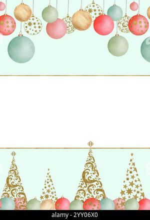 Fertiges festliches Postkartenlayout mit Silvester- und Weihnachtsspielzeug, Kugeln, goldenen Bäumen auf hellblauem Hintergrund. Handgezeichnete Aquarellillustratio Stockfoto