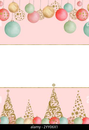 Fertiges festliches Postkartenlayout mit Silvester- und Weihnachtsspielzeug, Kugeln, goldenen Bäumen auf hellrosa Hintergrund. Handgezeichnete Aquarellillustratio Stockfoto