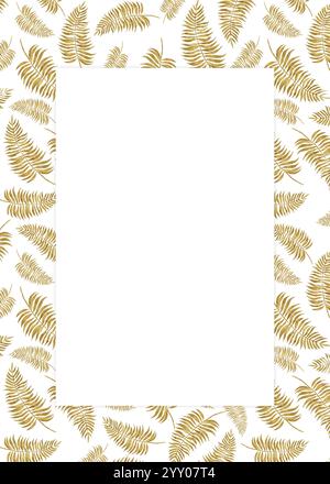 Fertige Postkarte mit goldenen Farnzweigen auf weißem Hintergrund. Handgezeichnete Aquarellillustration. Stockfoto