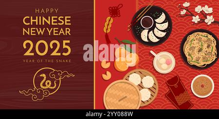 Chinesisches Neujahrsfest und traditionelles Essen, Banner mit Kopierbereich, Blick von oben Stock Vektor