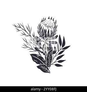 Schwarze Silhouette von tropischen Protea-Blumen und Blättern Bouquet Stock Vektor