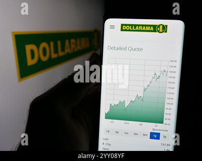 Deutschland. August 2024. In dieser Abbildung hält eine Person ein Smartphone mit der Webseite der kanadischen Dollarama Inc. Vor dem Logo. Quelle: SOPA Images Limited/Alamy Live News Stockfoto