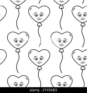 Umreißen Sie herzförmige Ballons auf Seil mit gezeichnetem Smiley Schwarz-weiß nahtlose Muster Hintergrund. Isolierte Vektor-Illustration Valentinstag oder Schwarzer Tag Grußkarte, Veröffentlichung oder Web Promo Hintergrund Stock Vektor