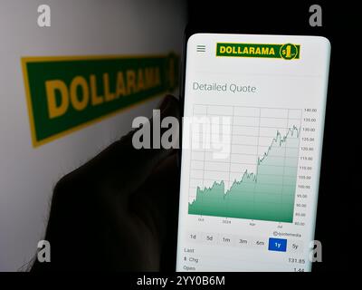 Deutschland. August 2024. In dieser Abbildung hält eine Person ein Smartphone mit der Webseite der kanadischen Dollarama Inc. Vor dem Logo. (Foto von Timon Schneider/SOPA Images/SIPA USA) *** ausschließlich für redaktionelle Nachrichten *** Credit: SIPA USA/Alamy Live News Stockfoto