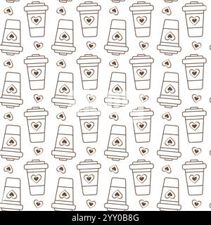 Outline Einwegbecher mit nahtlosem Herzmuster in trendigem, weichem Braun. Kaffee oder Tee Hintergrund. Isolierte Vektor-Illustration Hintergrundbild, Verpackung thematischer oder Grußkarten oder Broschüren, Banner, Tag Stock Vektor