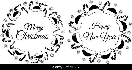 Weihnachtsmützen, Zuckerrohr und Schneeflocken Circle Frame mit „Merry Christmas“- und „Happy New Year“-Schriftzug. Set 2 isolierte Vektor-Illustration Thematische Karten, Grußkarten oder Einladungen, Flugblätter oder Web-Promo Stock Vektor