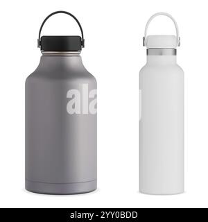 Stahlmetall-Wasserflasche Vektor-Illustration, wiederverwendbare Thermosverpackungsvorlage. Tourismus, Radfahren oder Klettern Isolierter Aluminiumbehälter Stock Vektor