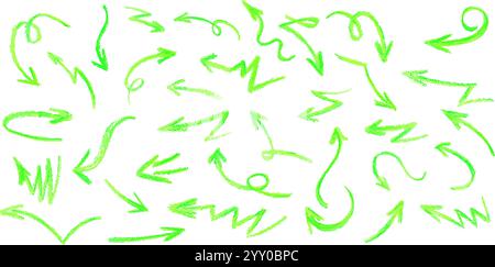 Neongrüne Pfeile gesetzt. Wachsmalstift zeichnet Grafitti-Elemente in säuregrüner Farbe. Sammlung von Vektorsymbolen für anthrazitfarbene Umrisssymbole für Fahrtrichtungsanzeiger Stock Vektor