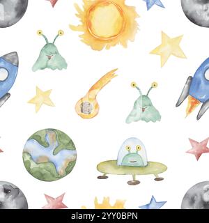 Aquarell niedliche Kinder Raum nahtlose Muster, Raumschiff, Alien, Erde, Mond, Sonne, Asteroid und Sterne wiederholen Kinderpapier Stockfoto