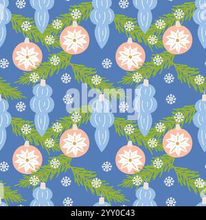 Weihnachtstanne und Tannenzweige mit Dekoration und Spielzeug. Weihnachtsbaum dekoriert. Festliche Weihnachtskugeln und Eiszapfen. Festliches Neujahrsfest, Stock Vektor