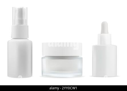 Airless-Spray, Cremeglas, Serumtropfer, Kosmetikflaschen Set, Vektor-Modell. Gesichtspflegeserum-Flakon. Spenderkolben für Feuchtigkeitspflege. Rund Stock Vektor