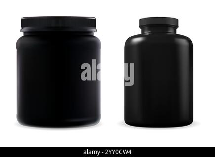 Schwarzes Plastikflaschen-Set für Sportzusätze. Medizinische Pille Dose Vektor Mockup. Whey Protein Sport Ernährungs-Verpackungen Motto. Vitaminkapselbox templat Stock Vektor