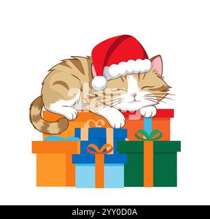 Niedliches Kätzchen, das auf einem Haufen Geschenke schläft Stock Vektor