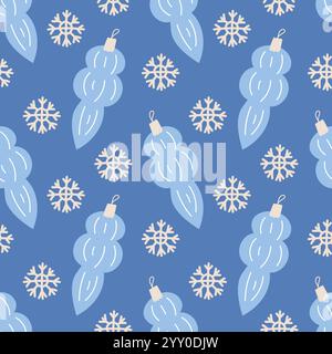 Weihnachtsbaumschmuck und Spielzeugmuster. Festliche Weihnachtseiser auf weichem blauem Hintergrund, Retro-Vintage-Farben. Vektorabbildung Stock Vektor