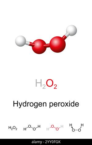 Wasserstoffperoxid, H2O2, Molekülmodell und chemische Formel. Kugelmodell und geometrische Struktur des Peroxols. Stockfoto