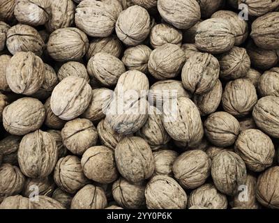 Haufen von Bio-Walnüssen, die auf Lebensmittelmärkten verkauft werden Stockfoto