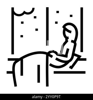 Das Mädchen sitzt am Fenster in der winterlichen schwarzen Ikone. Signieren Sie für Webseite, mobile App, Schaltfläche, Logo. Schaltfläche Vektorisoliert. Bearbeitbare Kontur. Stock Vektor