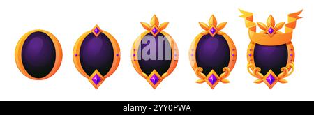 Spielstufen und Abzeichen von grundlegender bis legendärer Ebene. Fünf goldene Borten mit violetten Edelsteinen, dekorativen Blättern und Band für mehr Leistung Stock Vektor