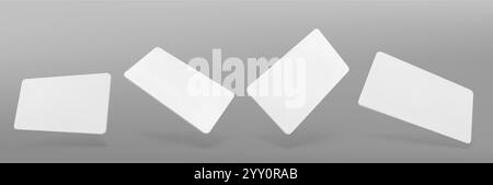 Leere Geschenkkarten-Mockups auf grauem Hintergrund isoliert. Vektorrealistische Illustration von leeren weißen Kunststoff- oder Papiercoupons mit Platz für corporat Stock Vektor