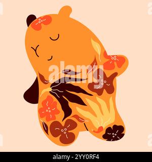 Farbige Blumen auf Kawaii Cutie Capybara Body. Stock Vektor