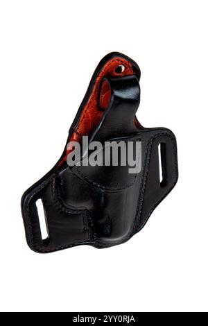 Lederholster für eine Pistole. Zubehör für bequemes und verdecktes Tragen von Waffen. Blick von allen Seiten. Isolieren auf weißem Hintergrund. Stockfoto