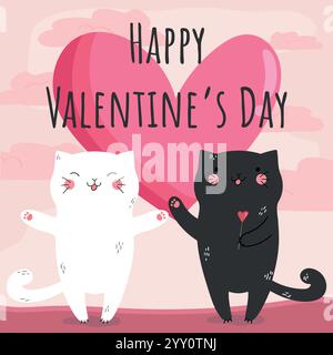 Valentinskarte mit zwei Hand gezeichneten Katzen in Liebe zum Herzen auf rosa Hintergrund Sonnenuntergang. Vektorabbildung Stock Vektor