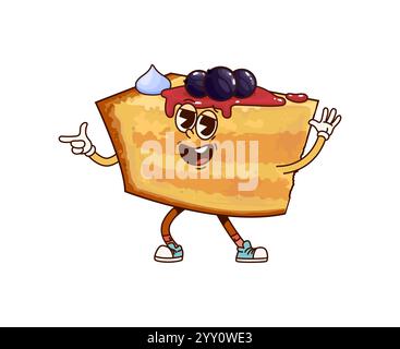 Lustige groovige Kuchenfigur. Isoliertes Cartoon-Vektor-Stück von Keksen Dessert Retro-Persönlichkeit mit mehrschichtigem Körper, gekrönt mit Schlagsahne, Marmelade und schwarzen Johannisbeeren, trägt großes Lächeln und Turnschuhe Stock Vektor