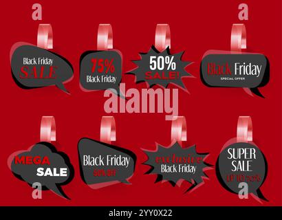 Wobbler-Tags in Form einer Sprechblase mit Werbebotschaften. Dunkle Rabattabzeichen mit Mega-Angeboten, Nachlässen in Prozentsätzen und Texten zu exklusiven Angeboten. Soz Stock Vektor