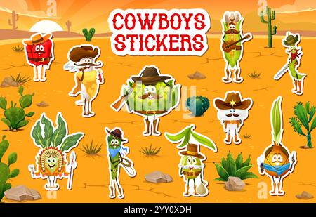 Stickerpackung mit Cartoon-Cowboy-, Bandit- und Sheriff-Gemüsefiguren in der Wüste. Lustige Wild West Western Gemüsekost Vektorfiguren aus Pfeffer, Mais, Bohnen und Zwiebeln mit Cowboyhüten Stock Vektor