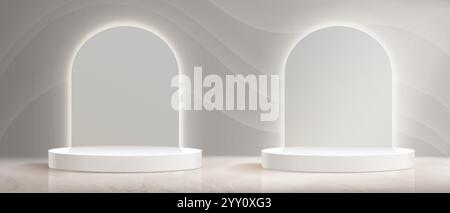 Minimalistisch weiße kreisförmige Podeste unter beleuchteten Bögen. Elegante Displayeinstellung mit sanfter Beleuchtung, strukturierte Wand mit Schatten. Saubere Geome Stock Vektor