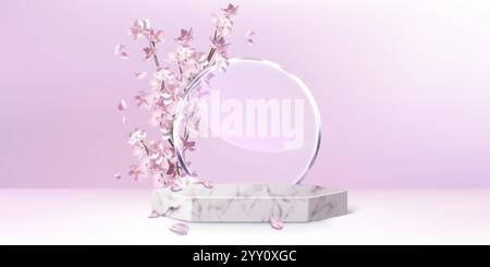 Zarte rosafarbene Sakura-Blüten auf Zweigen und fliegenden Blütenblättern, minimalistisches sechseckiges Podium aus Marmor und dekorativer Kreis aus Glas im pastellfarbenen Studiozimmer Stock Vektor