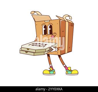 Cartoon groovige Lieferkartonfigur mit Pizzakarton in den Händen. Isolierter Vektor-Post-Service oder Retro-Charakter des Expressschiffs. Lustiges Paket oder Kartonpackung, das als Pizzeria-Kurier arbeitet Stock Vektor