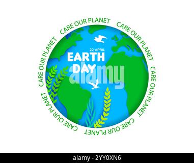 Erde Tag Papier geschnittene Banner der Welt Natur für Umweltschutz, Vektorsymbol. Retten Sie den Planeten am Tag der Erde, papiergeschnittenes Banner mit grünen Kontinenten, Ozeanen und Tauben zum Schutz der Umwelt Stock Vektor