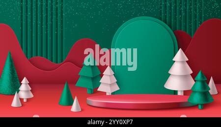 Weihnachtsszene mit kreisförmigem Podium, umgeben von geometrischen grünen und weißen Kiefern, grünem Bogen und Wellen an der Wand. Runde Plattform für Weihnachten Stock Vektor