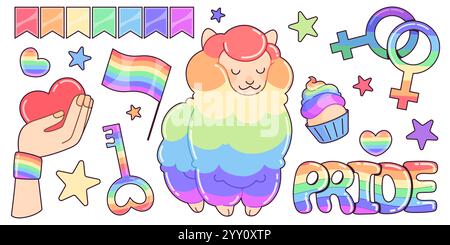 Symbole für den Stolz der LGBTQ-Community auf weißem Hintergrund. Zeitgenössische Vektor-Karikaturillustration der Regenbogenfahne, Hand hält rotes Herz, Farbe Stock Vektor