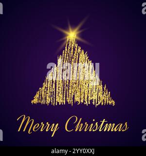 Goldener Glitzer-Weihnachtsbaum im Skizzenstil auf dunkelviolettem Hintergrund. „Happy New Year“-Kartendesign. Vektorabbildung. Stock Vektor