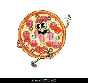 Grooviger Fast Food Pizza Charakter. Isolierte Comic-Vektor-Retro-Persönlichkeit feiert Party und Tanz. Lustige, Hippie, ganze Peperoni Fastfood Pizza mit breitem, käsigem Grinsen, verströmt eine coole, funky Atmosphäre Stock Vektor